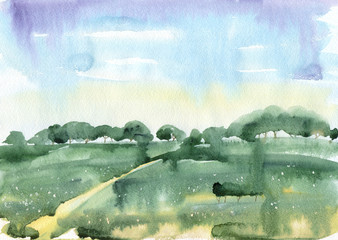 Fototapeta premium Watercolor painting. Summer landscape with blue sky, green grass and trees.