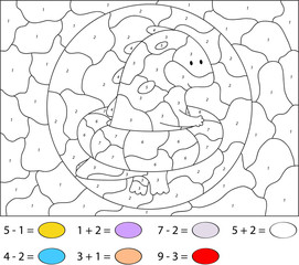 Funny cartoon dragon swims with rubber ring. Color by number edu