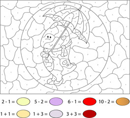 Funny cartoon dragon with umbrella. Color by number educational