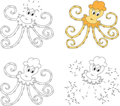 Funny cartoon yellow octopus. Coloring book and dot to dot game