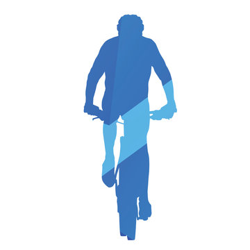 Mountain biker, front view, cycling, abstract blue vector silhou