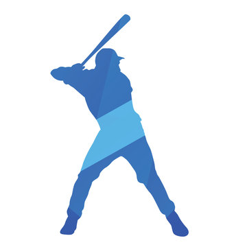 Blue baseball batter swinging bat, vector silhouette