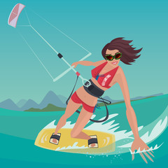 Cheerful sports girl in red swimsuit rushes standing on the kiteboard, in one hand holding power kite, and the other touches the water surface - Kitesurfing or extreme sport concept
