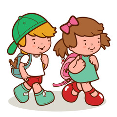 Children students, a happy girl and a boy walking to school. Vector illustration