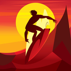 Silhouette of healthy man riding a surfboard at sunset - Sport or leisure concept