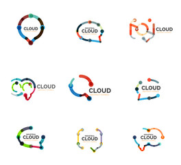 Set of flat linear design speech cloud logos. Talk bubbles, modern geometric industrial thin line icons