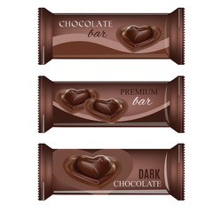 Vector  Food Packaging For Biscuit, Wafer, Crackers, Sweets, Chocolate Bar, Candy Bar, Snacks . Chocolate bar Design Isolated On White Background. Liquid Chocolate Heart Candy.