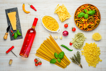 Rose Wine, Italian Pasta and Parmesan Cheese