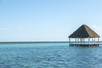 Beautiful view of caribbean lagoon Bacalar. Seven Color water