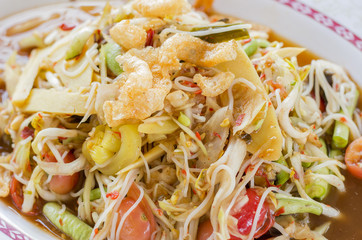 papaya salad Thailand's food called Som Tam, Close up, soft focus