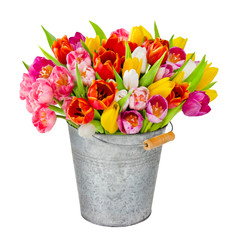 Tulpen - freigestellter Blumentrauß mit Dekoration und Blumenva