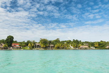 Beautiful view of caribbean lagoon Bacalar. Seven Color water
