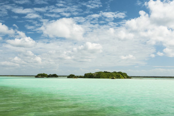 Beautiful view of caribbean lagoon Bacalar. Seven Color water