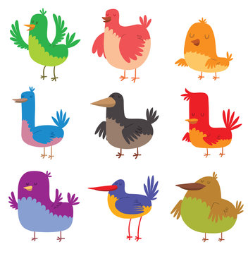Funny birds doodle cartoon collection wing animal character vector illustration.