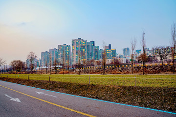 cycling path with apartment buildings in Seoul