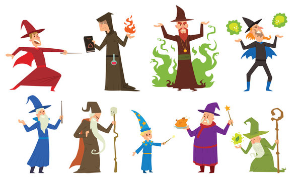 Group of magicians and wizards illusion show old man imagination, performance character vector.