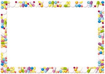 Pills and capsules forming a horizontal frame. Isolated vector illustration on white background.