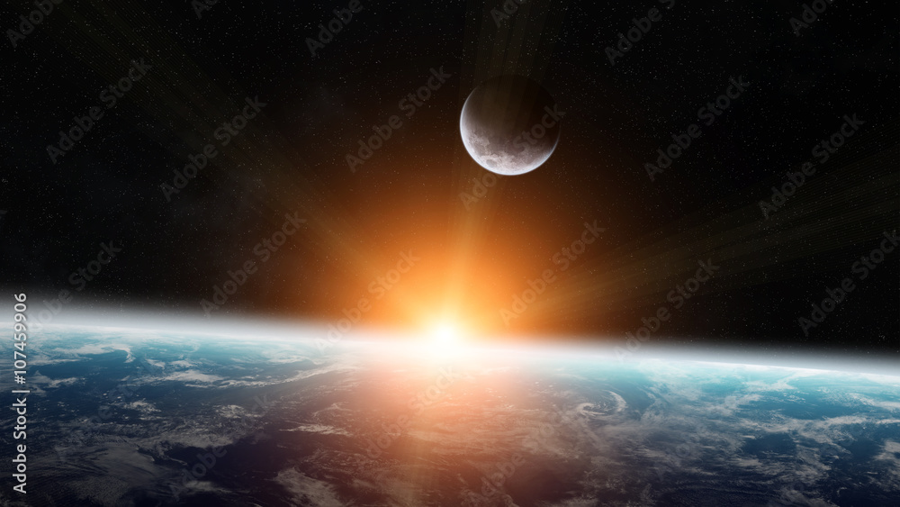 Poster view of the moon close to planet earth in space