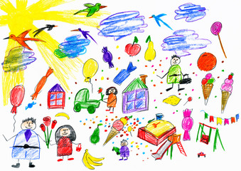 cartoon people and funny toy collection, children drawing object on paper, hand drawn art picture