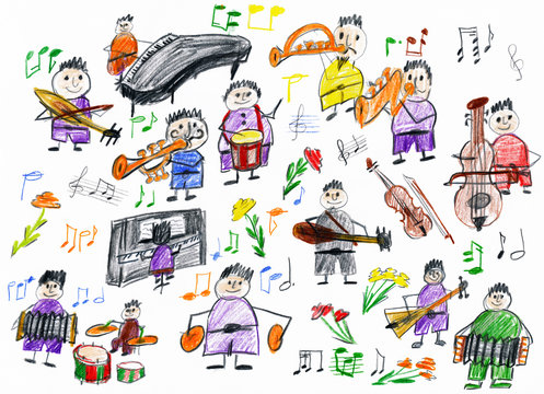 cartoon people musician collection, orchestra object, children drawing on paper, hand drawn art picture