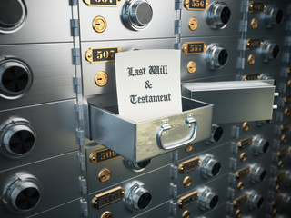 Last will and testament in the safe deposit box. Heritage concep
