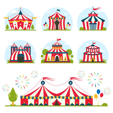 cartoon circus tent with stripes and flags isolated.  Ideal for carnival signs