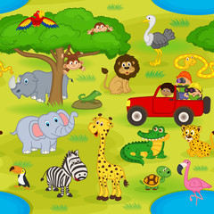 Naklejka premium seamless pattern with animals in safari - vector illustration, eps