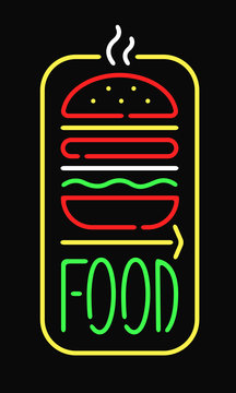Fast food neon sign light restaurant cafe black open night advertise background vector illustration.