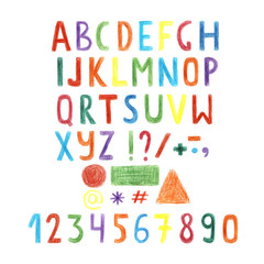 Hand drawn colorful letters, alphabet, numbers