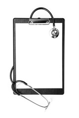 blank clipboard with modern stethoscope, space for messages
