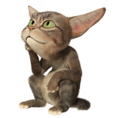 Fluffy kitten is sitting in the pose of the thinker. 3d illustration. Isolated white background.