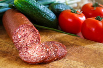 Sujuk sausage on cutting board