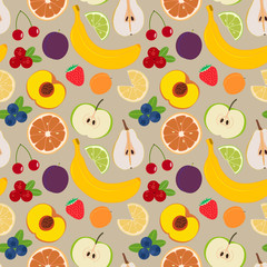 Fruits and berries seamless pattern 3. Illustration of some fruits, citruses and berries