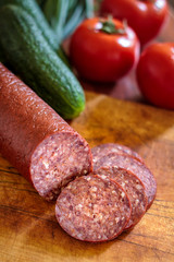 Sujuk sausage on cutting board