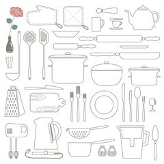 Cooking Foods and Kitchen outline icons set. Thin line.
