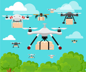 aerial vehicle quadrocopter. Air drone hovering. Drone sketch - obrazy, fototapety, plakaty