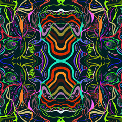 Colorful vivid vector of female face in abstract style, psychedelic surreal seamless pattern.