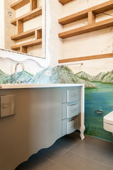 Fototapeta na wymiar Wooden shelf and washbasin in modern bathroom interior