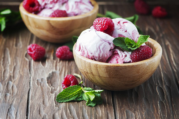 Delicious ice-cream witn mint and raspberry