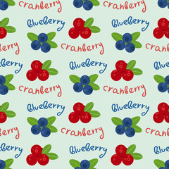Cranberry and blueberry seamless pattern 6. Or illustration of cowberry and blackberry. Berries seamless pattern.