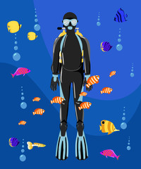 Diving collection. Sport underwater, water sea, glove and flashlight, Jacket, pants, suit, socks, regulators, octopus, mask and snorkel. Ocean fishes