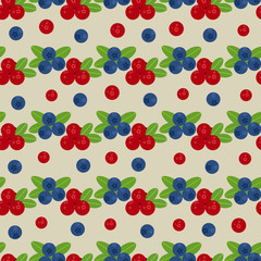 Cranberry and blueberry seamless pattern 3. Or illustration of cowberry and blackberry. Berries seamless pattern.