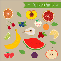Fruits and berries set. Illustration of some summer fruits and forest berries.