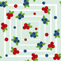 Cranberry and blueberry seamless pattern 2. Or illustration of cowberry and blackberry. Berries seamless pattern.