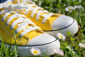 Yellow sneakers and spring flowers