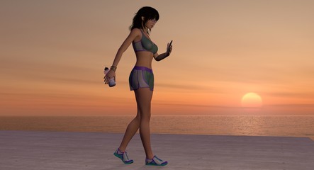 Female Walking By Ocean Sunrise With Mobil Phone