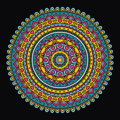 Vector hand drawn doodle mandala. Ethnic mandala with colorful ornament. Isolated. Pink, white, yellow, green colors. Bright mandala with hearts.