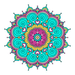Vector hand drawn doodle mandala with hearts. Ethnic mandala with colorful ornament. Isolated. Pink, white, yellow, green colors.