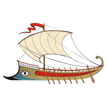 Ancient Greek ship, galley on white background