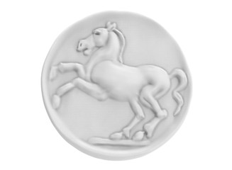 3D illustration coin with horse. icon coin. head of horse. chockolate coin. sweets sugar. metal gold coin ancient. roman empire money.